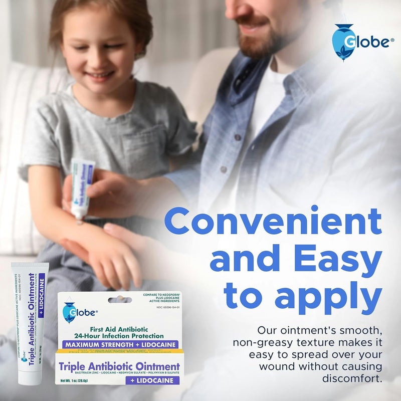 Globe (2 Pack) First Aid Antibiotic Ointment + Lidocaine (1 Oz) Maximum Strength & Fast-Acting Topical Pain Reliever, 24-Hour Infection Protection That Numbs Away The Pain, Bacitracin Zinc., White - Image 4